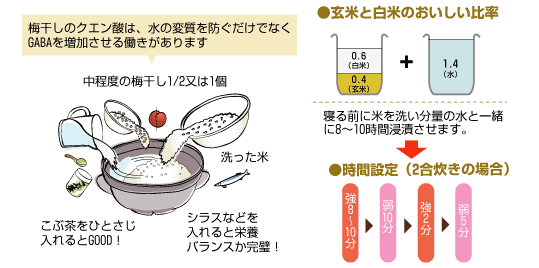 梅干しのクエン酸は、水の変質を防ぐだけでなくGABAを増加させる働きがあります。中程度の梅干し1/2又は1個、洗った米、こぶ茶をひとさじ
入れるとGOOD！シラスなどを入れると栄養バランスか完璧！玄米と白米のおいしい比率は玄米0.4と白米0.6に水が1.4です。寝る前に米を洗い分量の水と一緒に8～10時間浸漬させます。
に8～10時間浸漬させます。時間設定（2合炊きの場合）は強8～10分、弱10分、強2分、弱5分。
